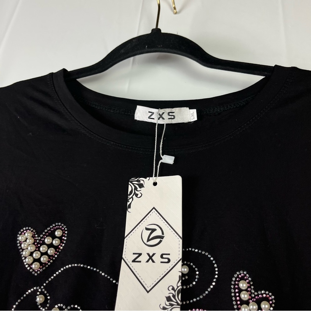 Women's Rhinestone Fitted short sleeve stretch black blouse size large - Picture 6 of 11